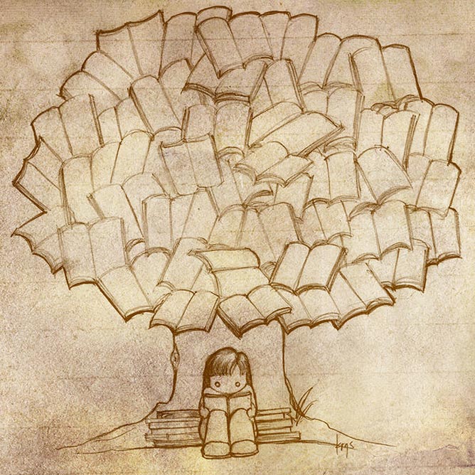 Egy könyvet olvasó kislány egy fa tövénél melynek a lombját könyvek takarják; könyvfa.