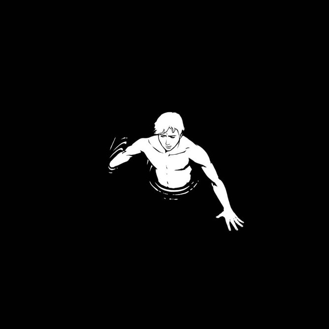 Fekete-fehér rajz egy emberről aki elsüllyed a sötétségben.