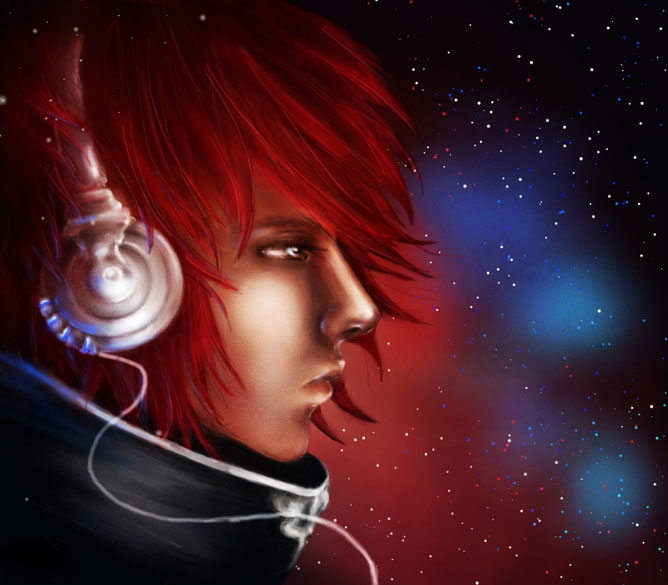 Manga fiú, fülén fülhallgatóval, a háttérben az univerzummal és csillagaival.
