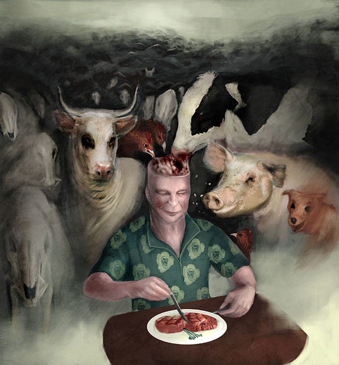Húst falatozó ember, nyitott koponyával, állatokkal körülötte akik az ő agyából táplálkoznak.