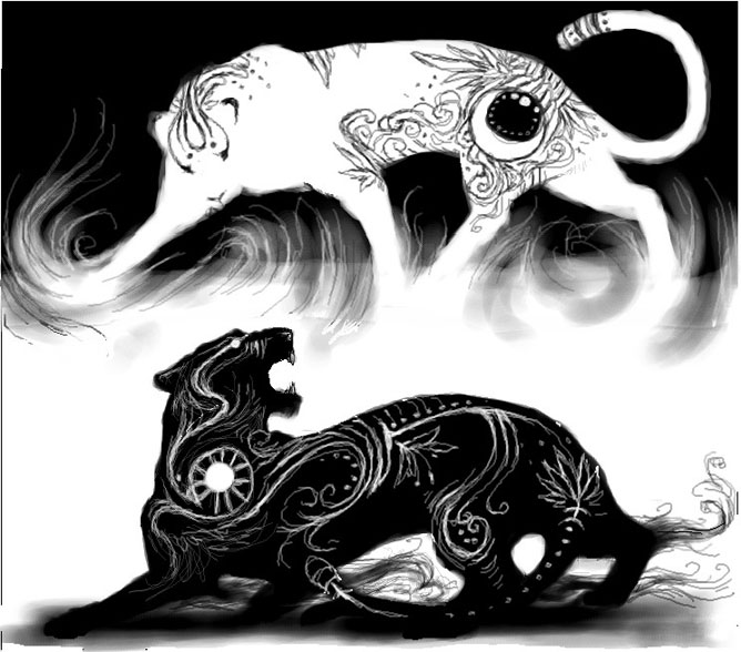 Hold és Nap, két tigris rajzban.